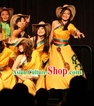 Traditional Chinese Zang Nationality Dance Costume, China Tibetan Folk Dance Classical Dance Yellow Dress for Women