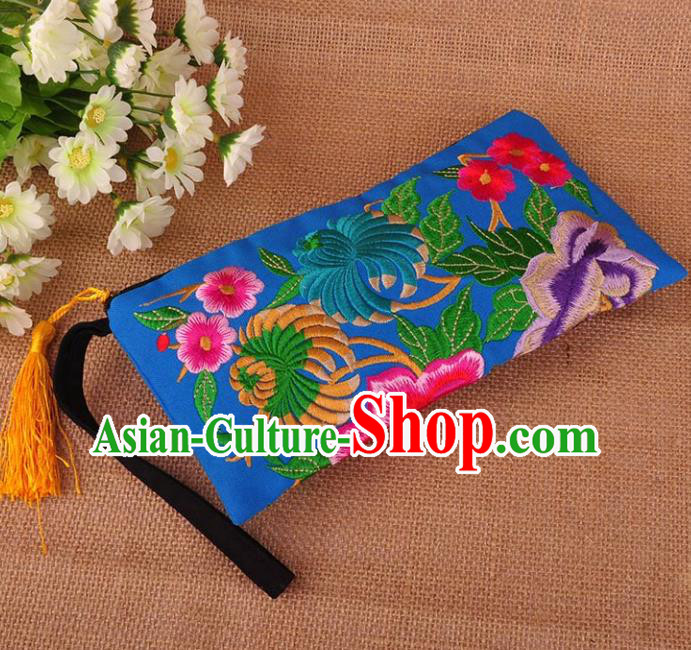 Chinese Traditional Embroidery Craft Embroidered Peony Blue Purse Handmade Handbag for Women