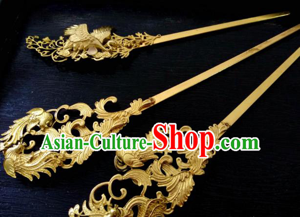 Chinese Traditional Ancient Hair Accessories Classical Hairpins Golden Phoenix Hair Stick Headwear for Women