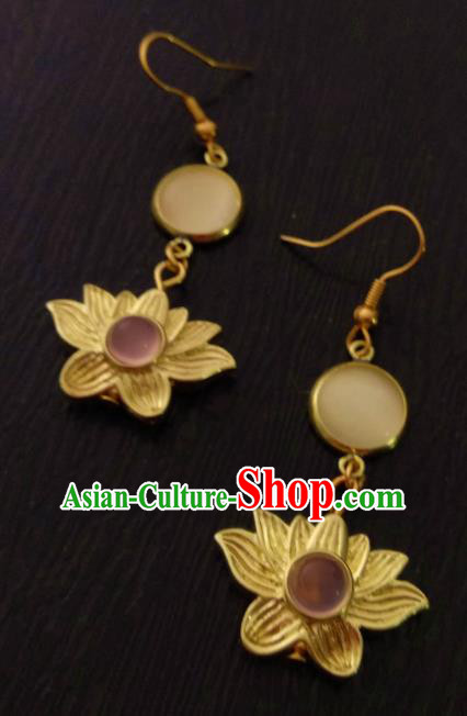 Chinese Traditional Ancient Accessories Classical Hanfu Brass Lotus Earrings for Women