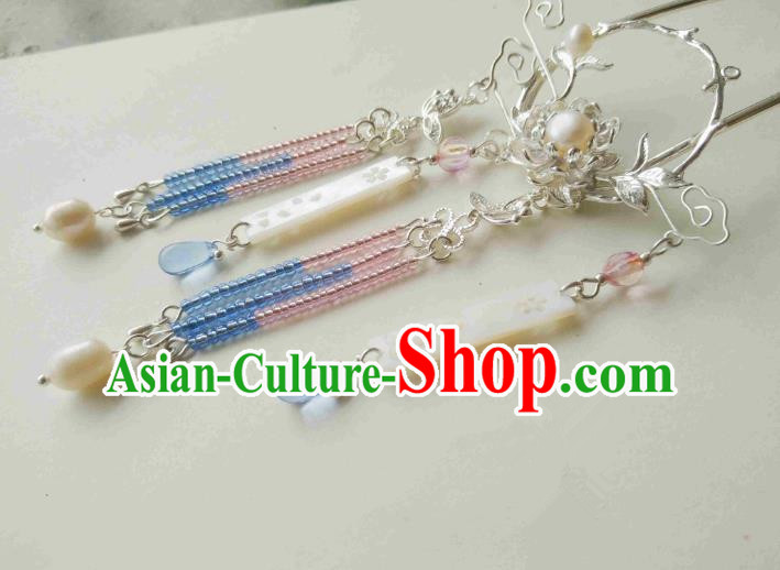 Chinese Traditional Ancient Hair Accessories Classical Blue Beads Tassel Hair Clip Hanfu Hairpins for Women