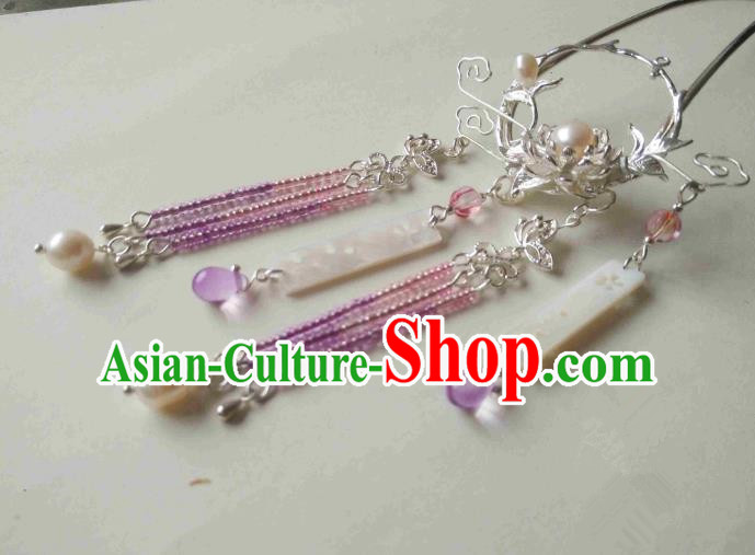 Chinese Traditional Ancient Hair Accessories Classical Purple Beads Tassel Hair Clip Hanfu Hairpins for Women