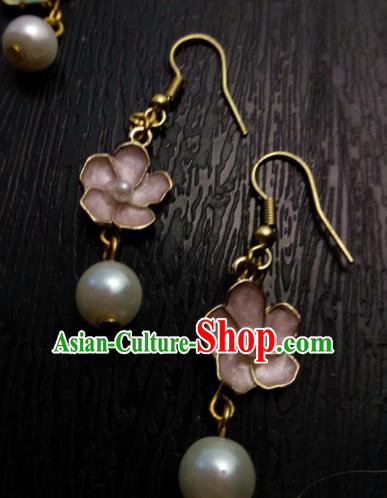 Chinese Traditional Ancient Accessories Earrings Classical Hanfu Pink Flowers Eardrop for Women