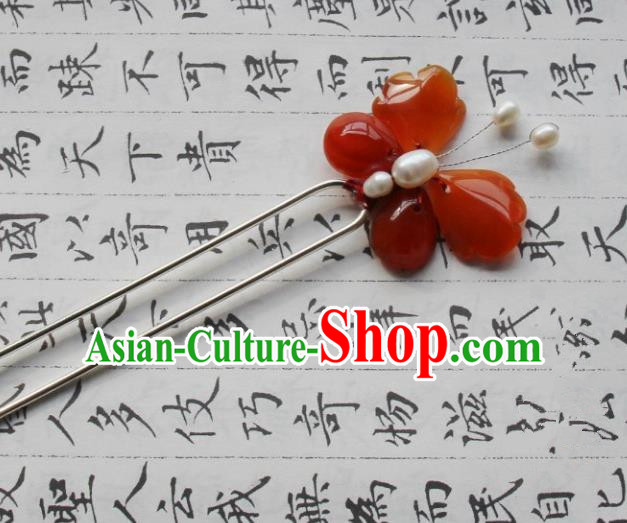 Chinese Traditional Ancient Hair Accessories Classical Red Agate Butterfly Hanfu Hairpins for Women