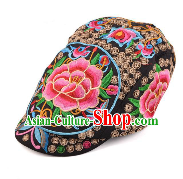 Chinese Traditional Embroidery Casquette Accessories Handmade Embroidered Peony Black Caps for Women