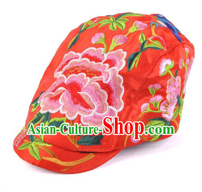 Chinese Traditional Embroidery Casquette Accessories Handmade Embroidered Peony Red Caps for Women