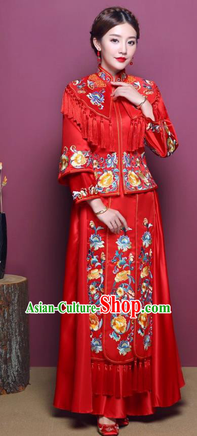 Chinese Traditional Wedding Dress Costume Red Bottom Drawer, China Ancient Bride Embroidered Xiuhe Suit for Women