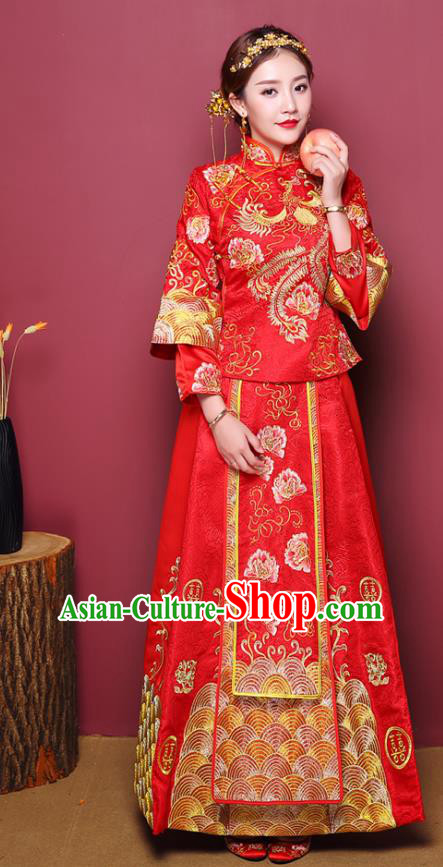 Chinese Traditional Wedding Dress Costume Bottom Drawer, China Ancient Bride Embroidered Xiuhe Suit for Women