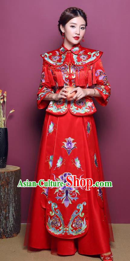 Chinese Traditional Wedding Dress Costume Bottom Drawer, China Ancient Bride Embroidered Peony Xiuhe Suits for Women