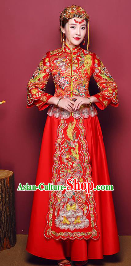 Chinese Traditional Wedding Dress Costume Bottom Drawer, China Ancient Bride Embroidered Phoenix Xiuhe Suits for Women