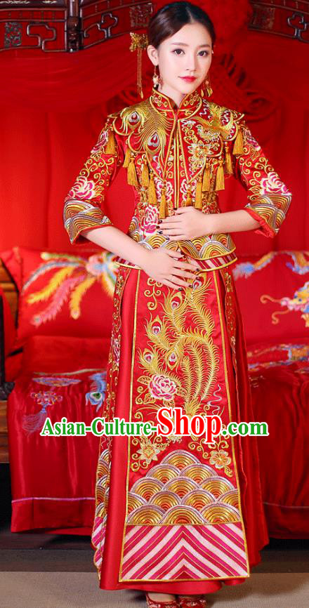 Chinese Ancient Wedding Costume Traditional Bride Dress, China Ancient Toast Clothing Delicate Embroidered Xiuhe Suits for Women