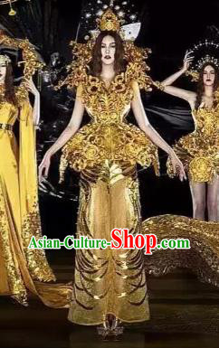 Top Grade Stage Performance Costumes Renaissance Catwalks Golden Full Dress Modern Fancywork Clothing for Women