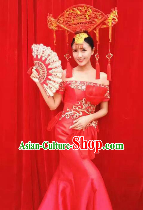 Top Grade Chinese Traditional Stage Performance Costumes Modern Fancywork Clothing Catwalks Full Dress and Headwear for Women