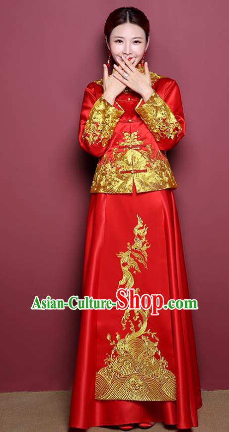 Chinese Ancient Wedding Costume Bride Red Dress, China Traditional Toast Clothing Delicate Embroidered Xiuhe Suits for Women