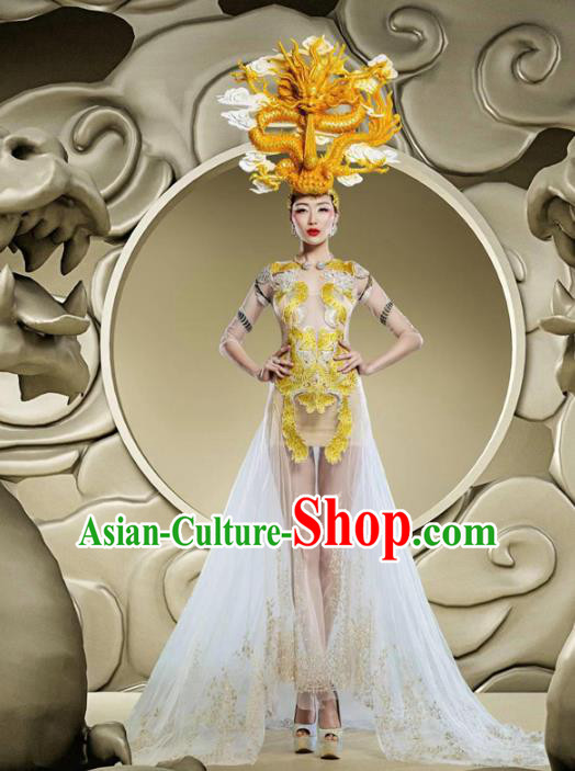 Top Grade Stage Performance Costumes China Style Modern Fancywork White Full Dress and Headwear for Women