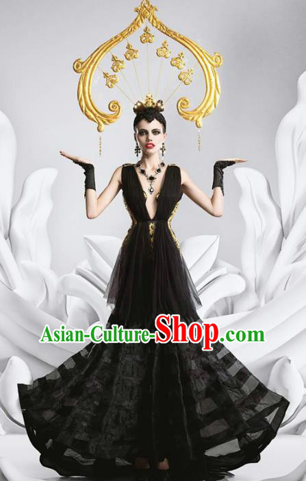 Top Grade Stage Performance Costumes Baroque Modern Fancywork Black Full Dress and Headwear for Women