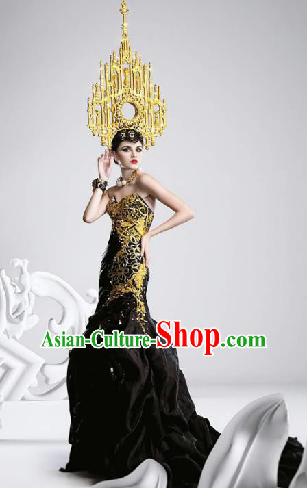 Top Grade Stage Performance Costumes Baroque Modern Fancywork Black Trailing Full Dress and Headwear for Women