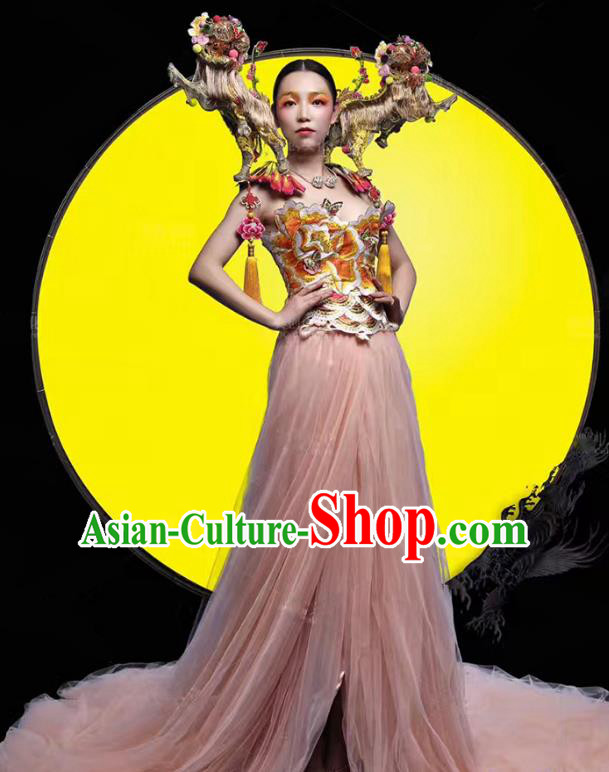 Top Grade Stage Performance Costumes Modern Fancywork Pink Veil Full Dress and Headdress for Women