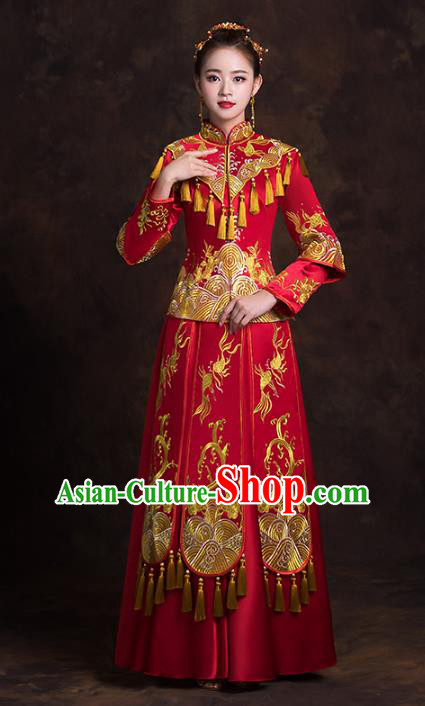 Chinese Traditional Golden Tassel Xiuhe Suits Bride Red Full Dress Ancient Embroidered Peony Bottom Drawer Wedding Costumes for Women