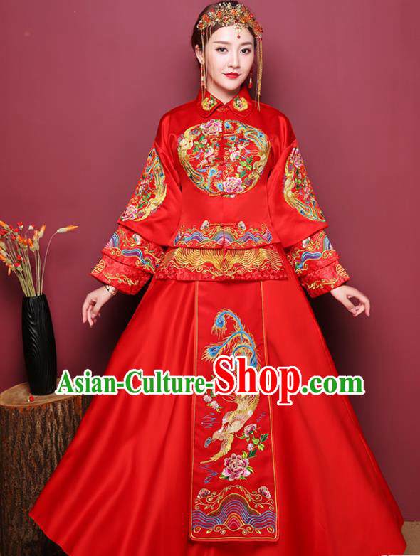 Chinese Ancient Wedding Costume Bride Red Dress, China Traditional Delicate Embroidered Phoenix Toast Clothing Xiuhe Suits for Women