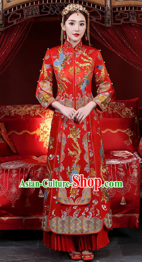 Chinese Ancient Wedding Costume Bride Dress, China Traditional Delicate Embroidered Phoenix Toast Clothing Xiuhe Suits for Women