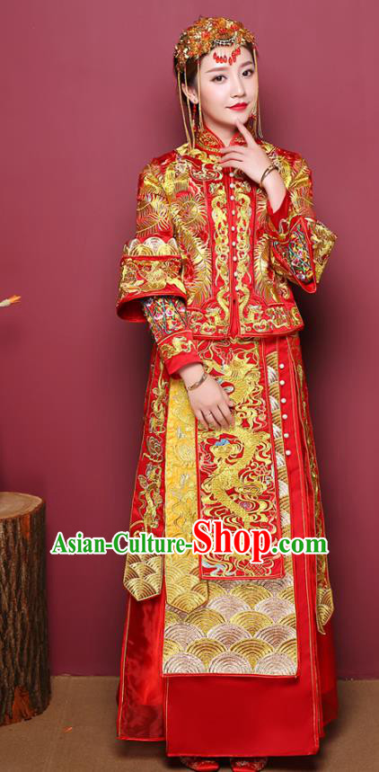 Chinese Ancient Wedding Costume Bride Dress, China Traditional Delicate Embroidered Dragon Phoenix Toast Clothing Xiuhe Suits for Women