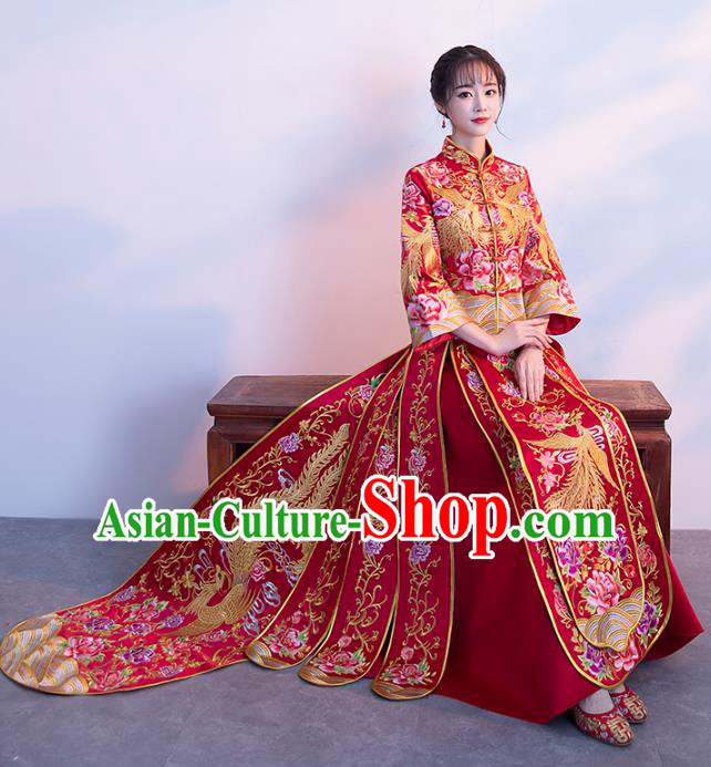 Chinese Traditional Xiuhe Suits Bride Trailing Full Dress Ancient Embroidered Phoenix Bottom Drawer Wedding Costumes for Women