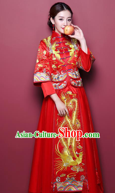 Chinese Ancient Wedding Costume Bride Delicate Embroidered Dress, China Traditional Toast Clothing Xiuhe Suits for Women