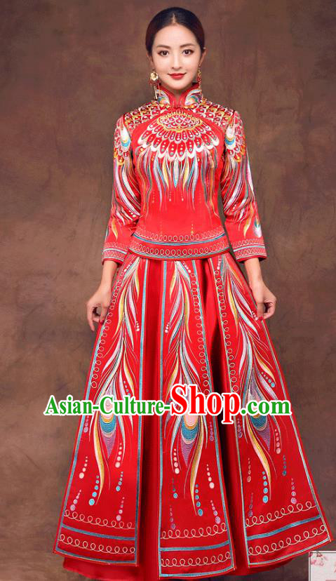 Chinese Ancient Wedding Costume Bride Toast Clothing, China Traditional Delicate Embroidered Phoenix Dress Xiuhe Suits for Women