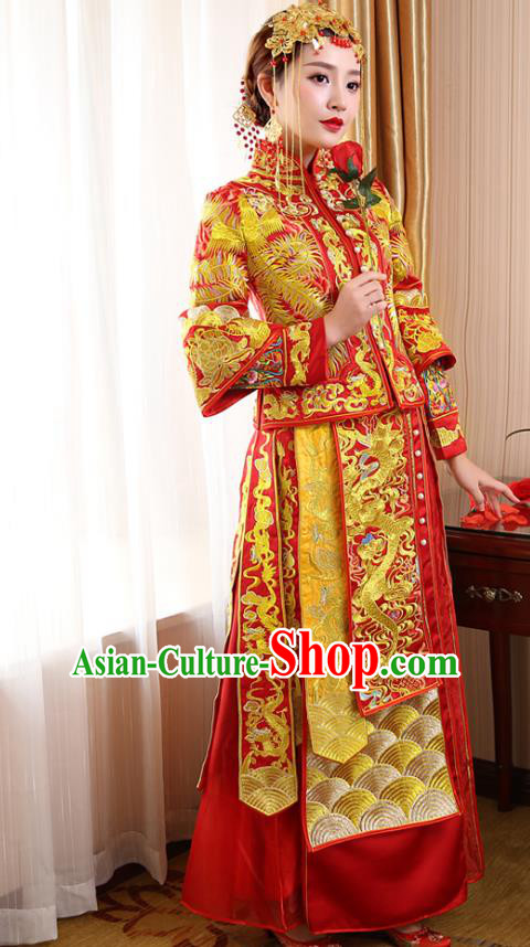 Chinese Ancient Wedding Costume Bride Red Toast Clothing, China Traditional Delicate Embroidered Dress Xiuhe Suits for Women
