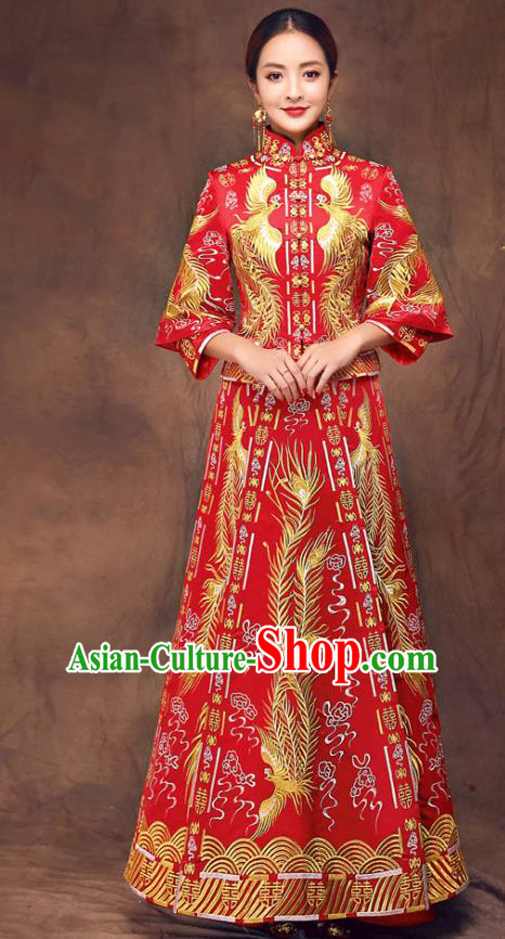 Chinese Ancient Wedding Costume Bride Toast Clothing, China Traditional Delicate Embroidered Phoenix Dress Xiuhe Suits for Women