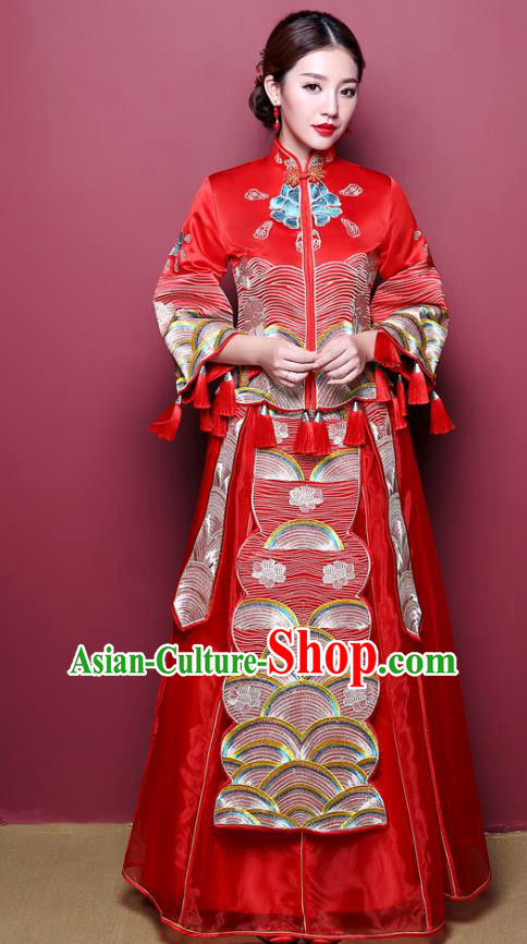 Chinese Ancient Wedding Costume Bride Finery Toast Clothing, China Traditional Delicate Embroidered Dress Xiuhe Suits for Women