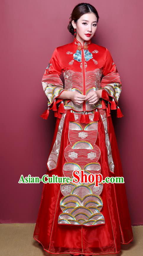 Chinese Ancient Wedding Costume Bride Finery Toast Clothing, China Traditional Delicate Embroidered Dress Xiuhe Suits for Women