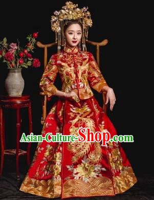 Chinese Ancient Wedding Costume Bride Toast Cheongsam, China Traditional Delicate Embroidered Xiuhe Suits for Women