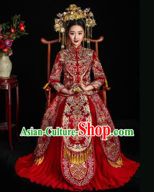 Chinese Ancient Wedding Costume Bride Hot Drilling Toast Clothing, China Traditional Delicate Embroidered Xiuhe Suits for Women