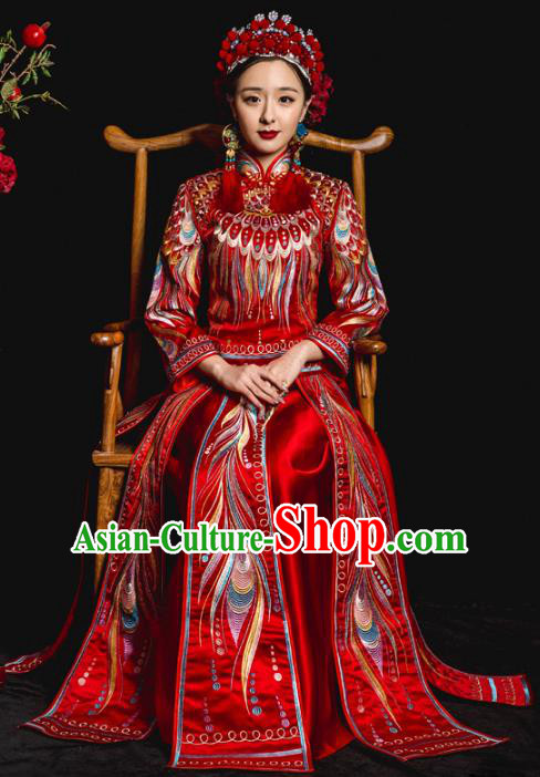 Chinese Traditional Red Xiuhe Suits Ancient Bride Embroidered Feather Bottom Drawer Wedding Costumes for Women