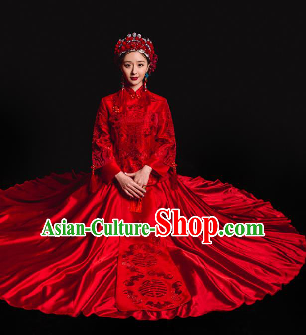 Chinese Traditional Xiuhe Suits Ancient Bride Embroidered Red Bottom Drawer Wedding Costumes for Women