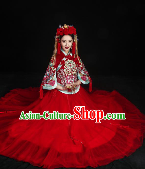 Chinese Traditional Xiuhe Suits Ancient Bride Red Bottom Drawer Wedding Costumes for Women