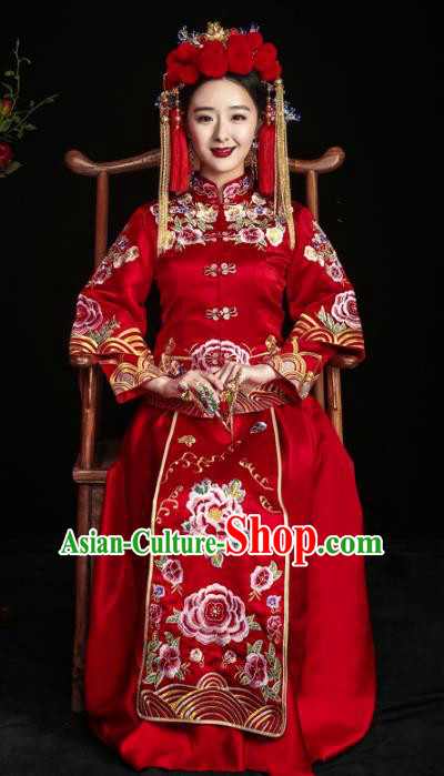 Chinese Traditional Xiuhe Suits Ancient Bride Embroidered Peony Red Bottom Drawer Wedding Costumes for Women