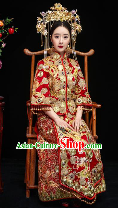 Chinese Traditional Toast Xiuhe Suits Ancient Bride Beading Embroidered Bottom Drawer Wedding Costumes for Women