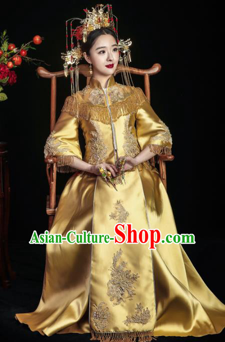 Chinese Traditional Toast Yellow Xiuhe Suits Ancient Bride Embroidered Bottom Drawer Wedding Costumes for Women