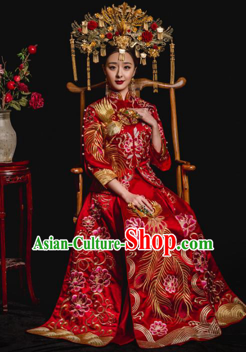 Chinese Traditional Toast Red Xiuhe Suits Ancient Bride Embroidered Phoenix Peony Bottom Drawer Wedding Costumes for Women