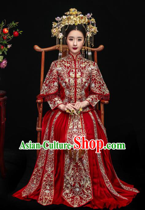 Chinese Ancient Bride Wedding Costume Embroidery Toast Clothing, Traditional China Delicate Embroidered Red Xiuhe Suits for Women