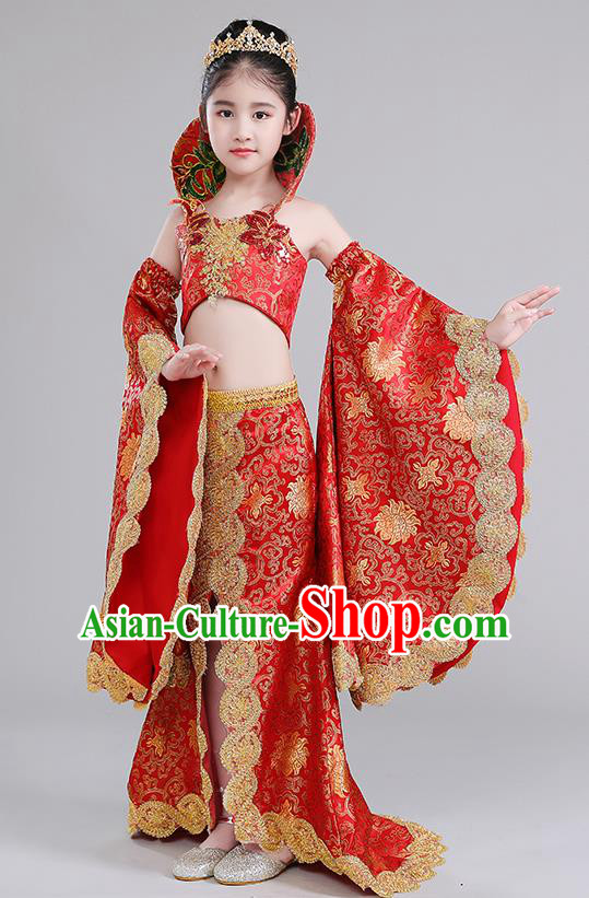 Children Stage Performance Costumes China Style Modern Fancywork Red Full Dress for Kids