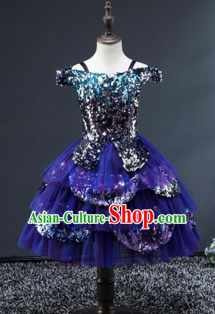 Children Stage Performance Costumes Catwalks Modern Fancywork Blue Bubble Dress for Kids