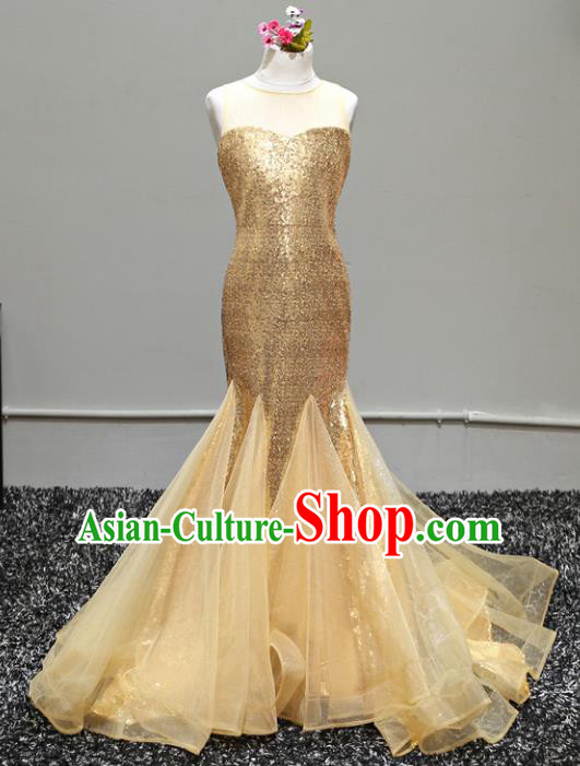 Children Stage Performance Costumes Catwalks Golden Mermaid Dress Modern Fancywork Full Dress for Kids