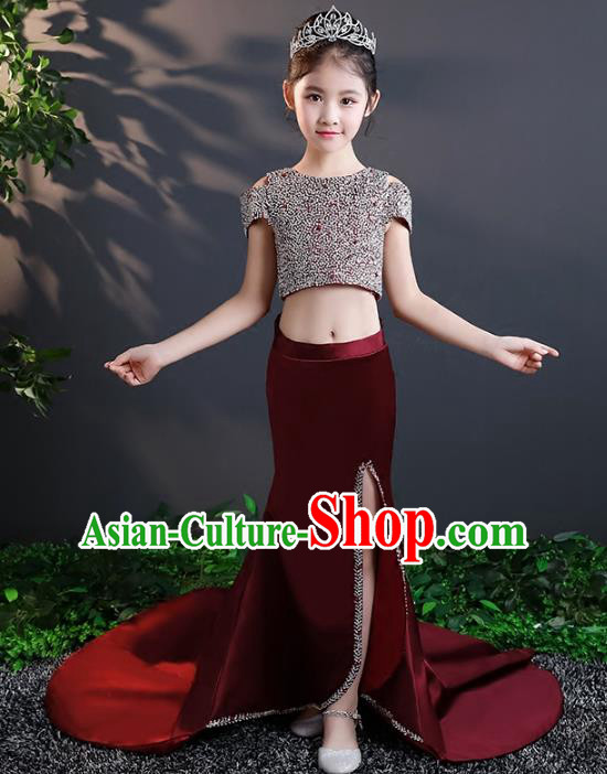 Children Stage Performance Costumes Trailing Dress Modern Fancywork Full Dress for Kids