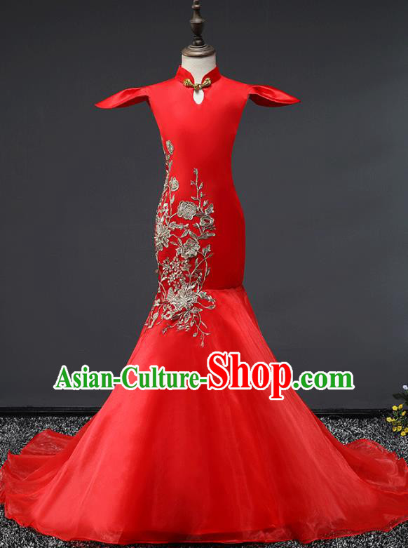 Children Stage Performance Costumes Red Embroidered Cheongsam Modern Fancywork Trailing Full Dress for Kids