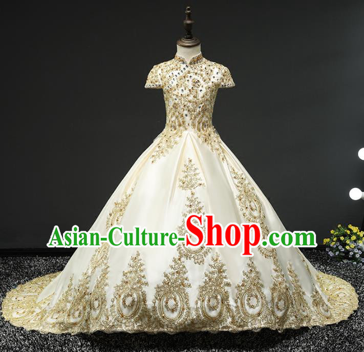 Children Stage Performance Costumes Embroidered Golden Trailing Dress Modern Fancywork Full Dress for Kids