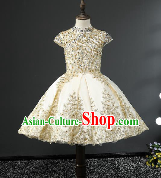 Children Stage Performance Costumes Embroidered Golden Bubble Dress Modern Fancywork Full Dress for Kids